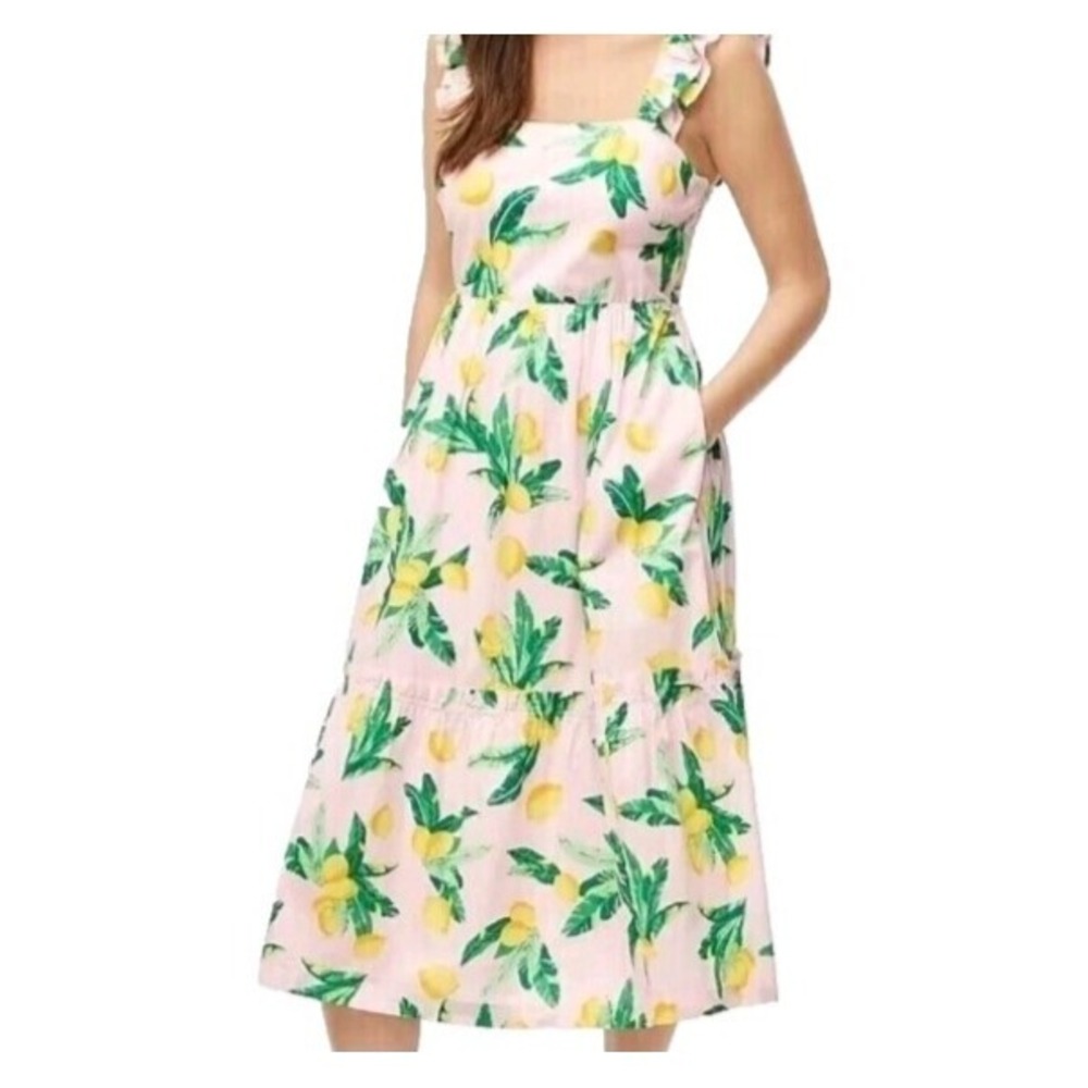 J. Crew Pink Midi Dress with Yellow 🍋 & Green 🍃 Print